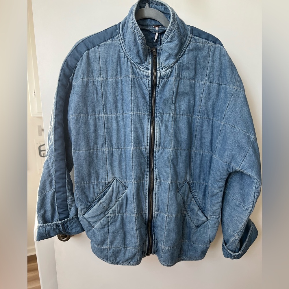 Free People Quilted Dolman Jacket Cali Blue Ground Denim Zip Up Size Small
